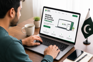 Overseas Pakistani opening Roshan Digital Account online using laptop.