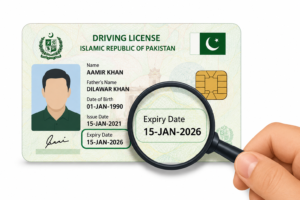 Pakistani driving license expiry date check with magnifying glass.