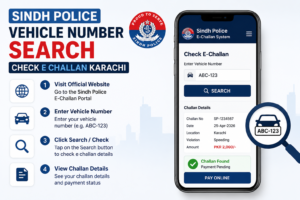 Mobile app screen showing how to check E Challan Karachi